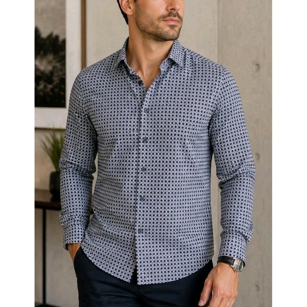 Express Slim Fit Dress Shirt Men 15-15.5 L Blue Geometric Button Up